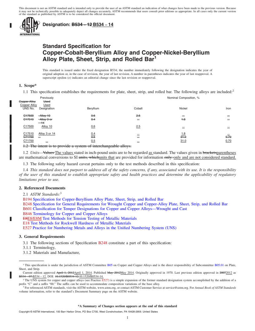 REDLINE ASTM B534-14 - Standard Specification for  Copper-Cobalt-Beryllium Alloy and Copper-Nickel-Beryllium Alloy  Plate, Sheet, Strip, and Rolled Bar