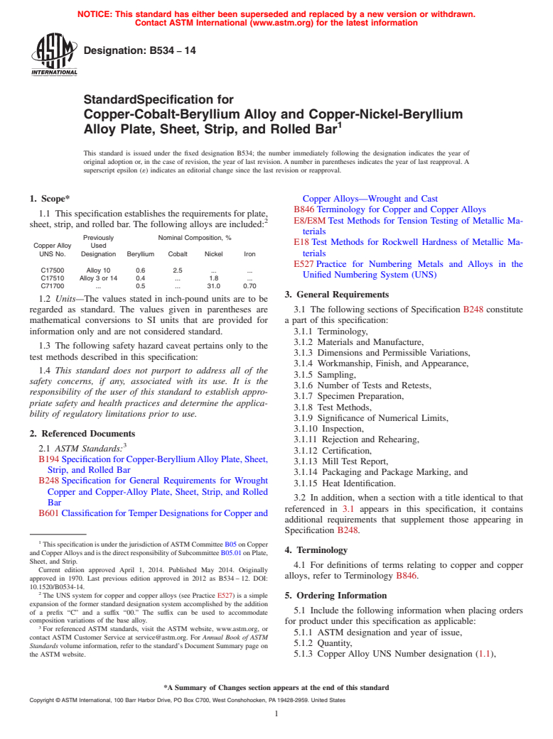 ASTM B534-14 - Standard Specification for  Copper-Cobalt-Beryllium Alloy and Copper-Nickel-Beryllium Alloy  Plate, Sheet, Strip, and Rolled Bar