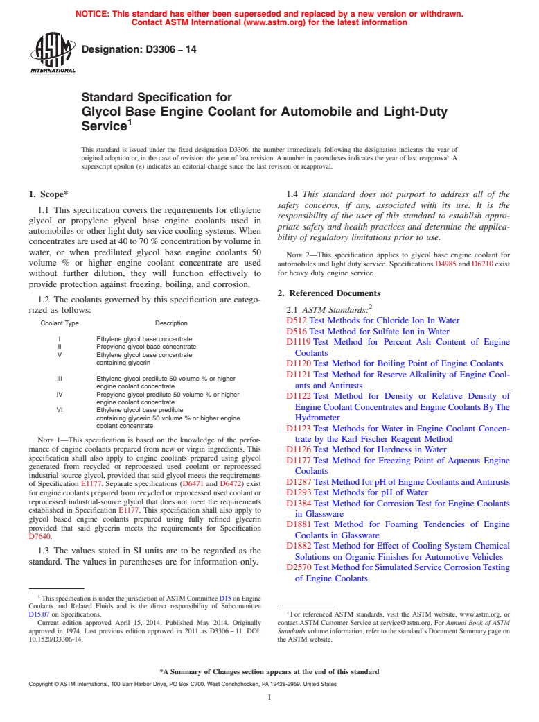 ASTM D3306-14 - Standard Specification for  Glycol Base Engine Coolant for Automobile and Light-Duty Service
