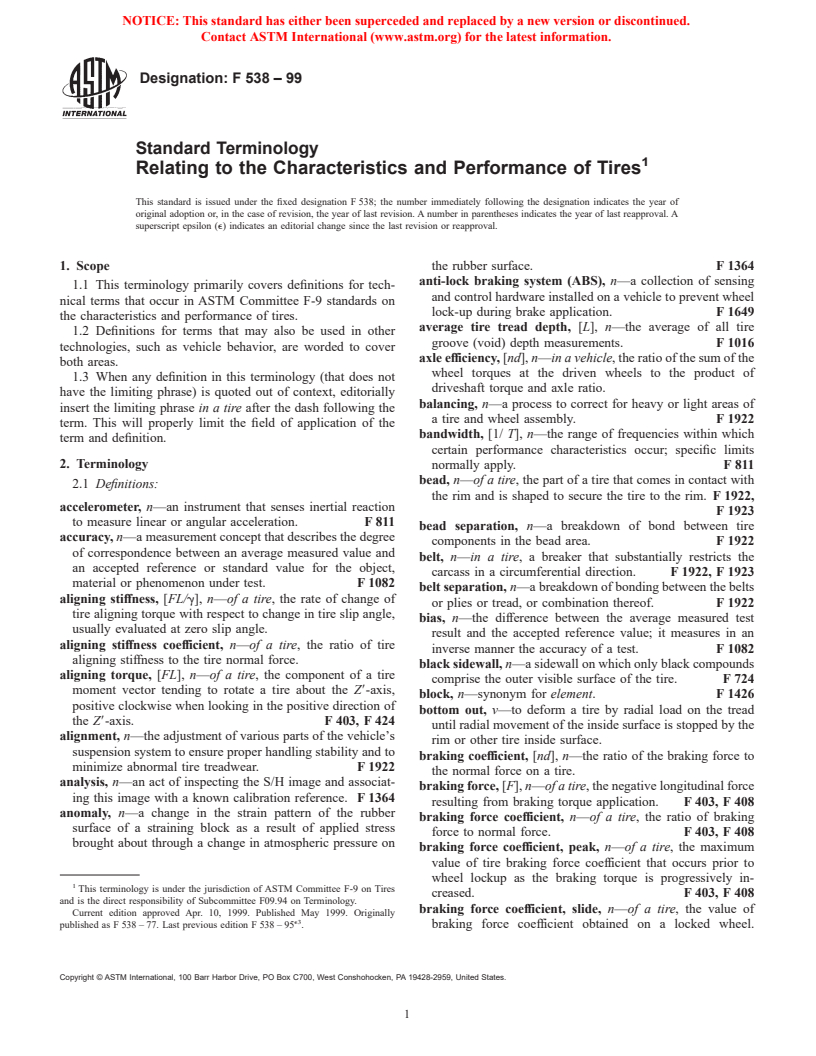 ASTM F538-99 - Standard Terminology Relating to the Characteristics and Performance of Tires