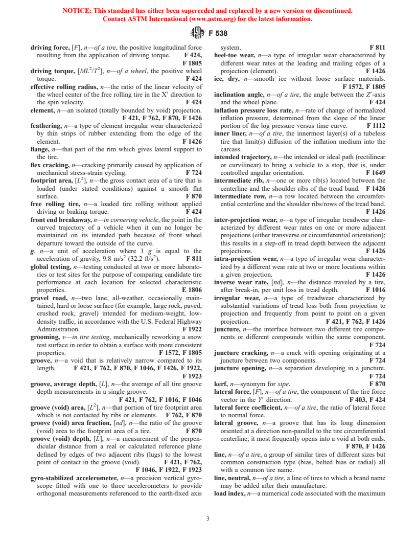 ASTM F538-99 - Standard Terminology Relating to the Characteristics and Performance of Tires