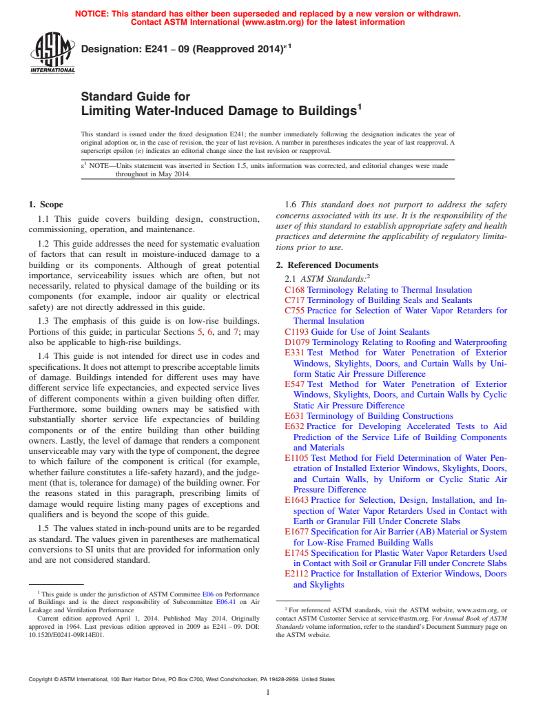 ASTM E241-09(2014)e1 - Standard Guide for Limiting Water-Induced Damage to Buildings