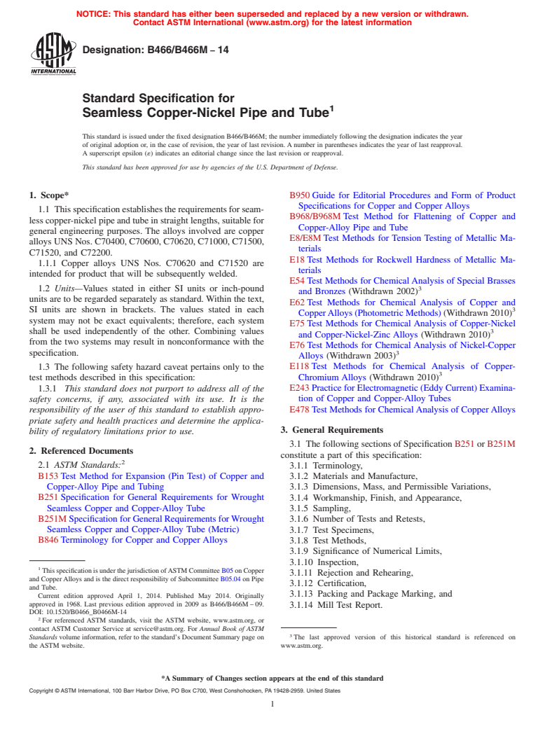 ASTM B466/B466M-14 - Standard Specification for Seamless Copper-Nickel Pipe and Tube