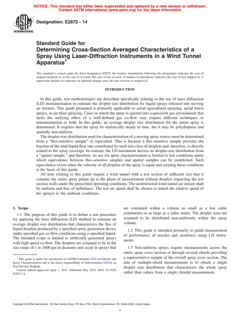 ASTM E2872-14 - Standard Guide for Determining Cross-Section Averaged Characteristics of a Spray  Using Laser-Diffraction Instruments in a Wind Tunnel Apparatus