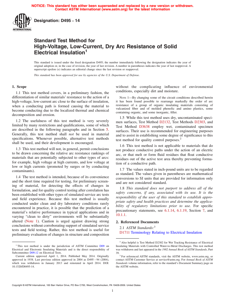ASTM D495-14 - Standard Test Method for High-Voltage, Low-Current, Dry Arc Resistance of Solid Electrical Insulation