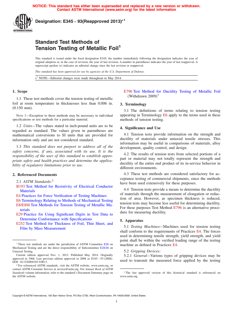 ASTM E345-93(2013)e1 - Standard Test Methods of Tension Testing of Metallic Foil