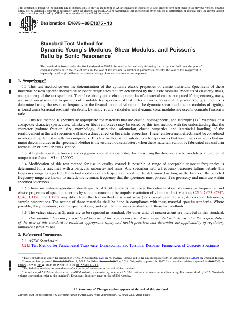 REDLINE ASTM E1875-13 - Standard Test Method for Dynamic Young's Modulus, Shear Modulus, and Poisson's Ratio by Sonic Resonance