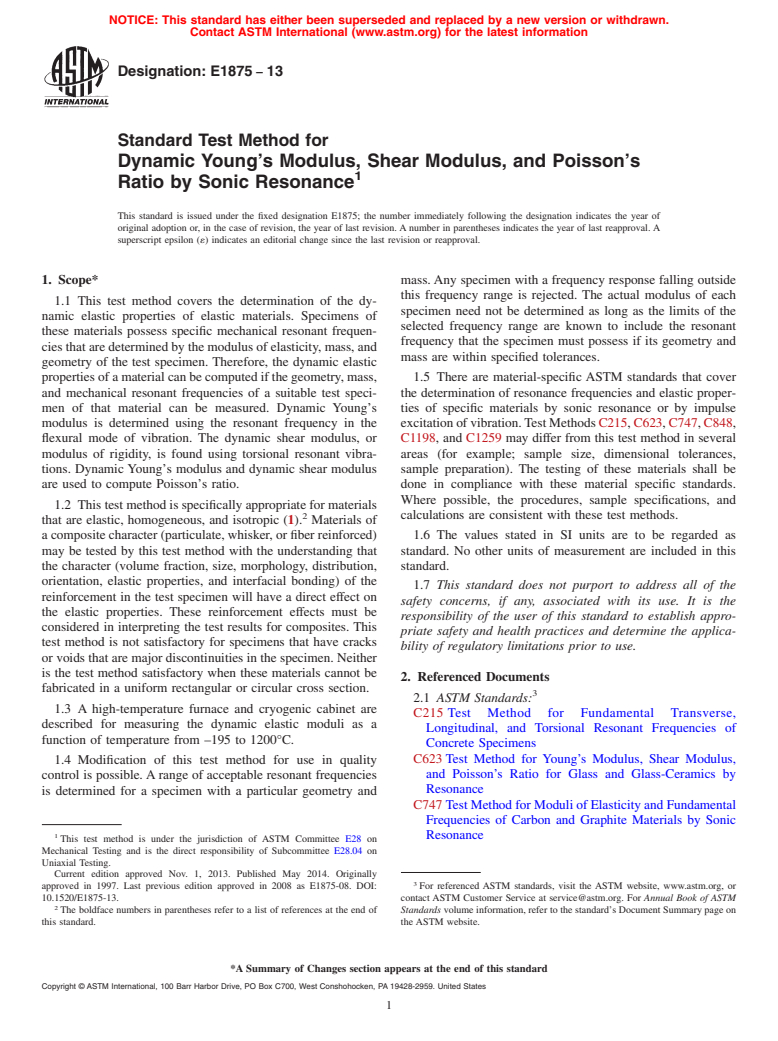 ASTM E1875-13 - Standard Test Method for Dynamic Young's Modulus, Shear Modulus, and Poisson's Ratio by Sonic Resonance