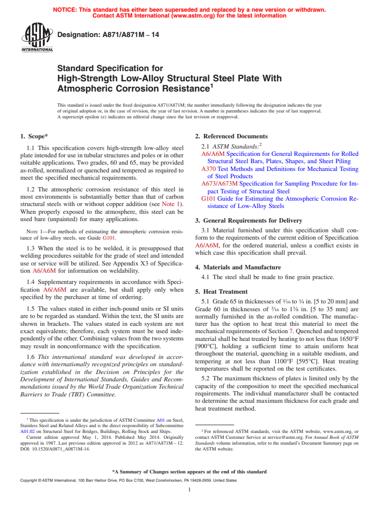ASTM A871/A871M-14 - Standard Specification for  High-Strength Low-Alloy Structural Steel Plate With Atmospheric  Corrosion Resistance