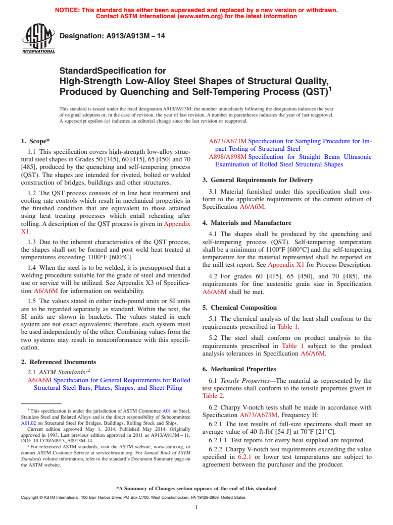 ASTM A913/A913M-14 - Standard Specification for  High-Strength Low-Alloy Steel Shapes of Structural Quality,  Produced by Quenching and Self-Tempering Process &#40;QST&#41;