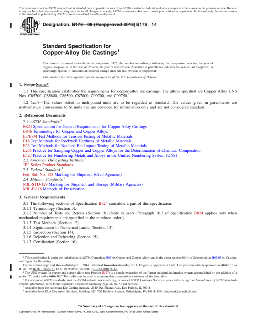 REDLINE ASTM B176-14 - Standard Specification for  Copper-Alloy Die Castings