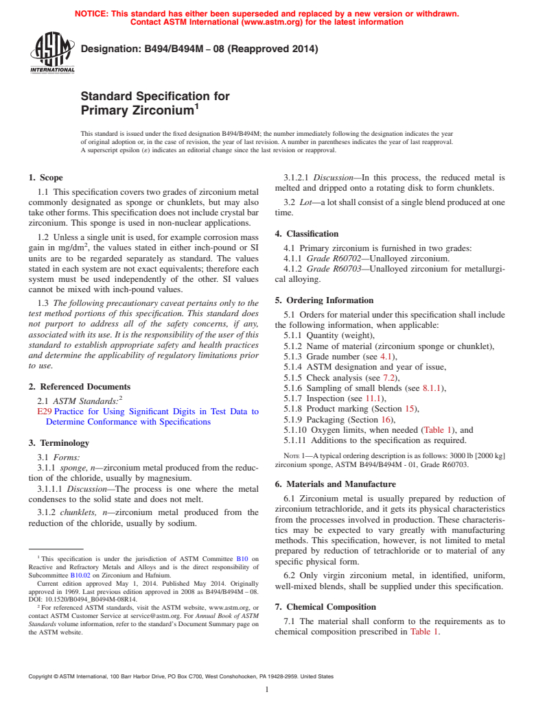 ASTM B494/B494M-08(2014) - Standard Specification for Primary Zirconium