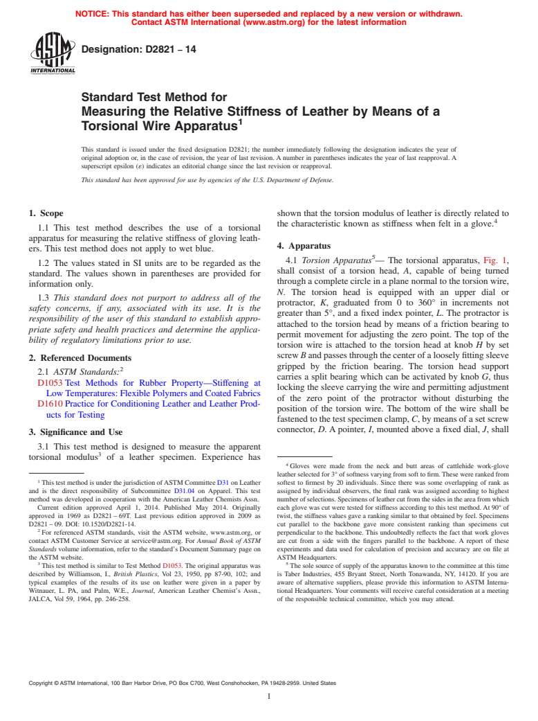 ASTM D2821-14 - Standard Test Method for  Measuring the Relative Stiffness of Leather by Means of a Torsional  Wire Apparatus