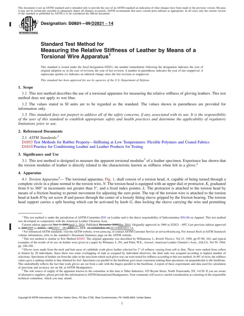 REDLINE ASTM D2821-14 - Standard Test Method for  Measuring the Relative Stiffness of Leather by Means of a Torsional  Wire Apparatus