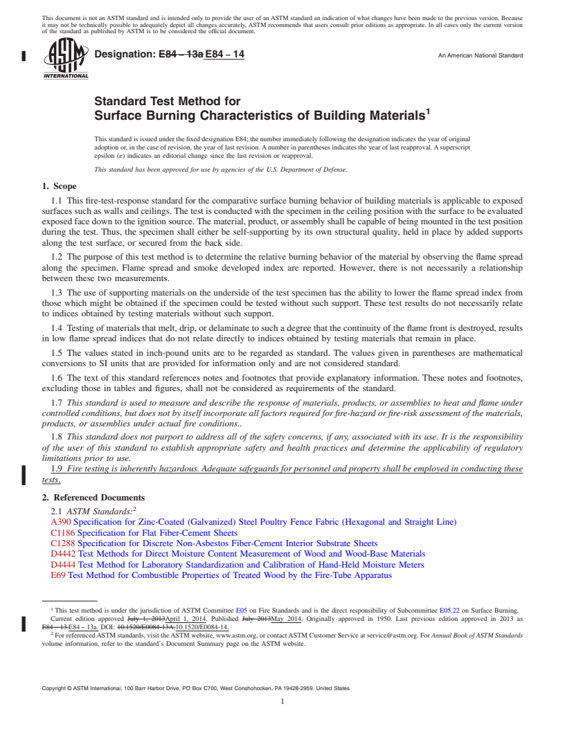 REDLINE ASTM E84-14 - Standard Test Method for  Surface Burning Characteristics of Building Materials