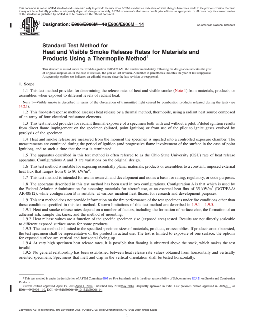 REDLINE ASTM E906/E906M-14 - Standard Test Method for  Heat and Visible Smoke Release Rates for Materials and Products  Using a Thermopile Method