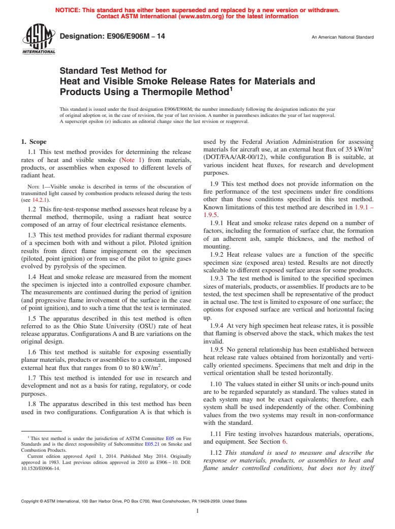 ASTM E906/E906M-14 - Standard Test Method for  Heat and Visible Smoke Release Rates for Materials and Products  Using a Thermopile Method