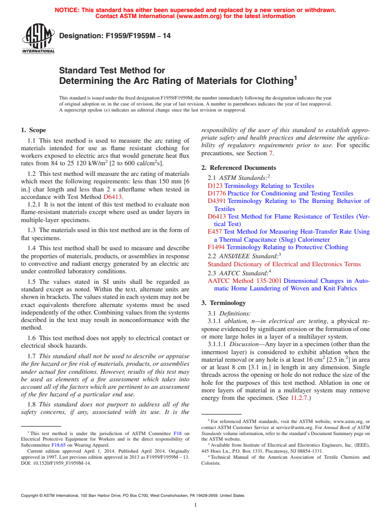 ASTM F1959/F1959M-14 - Standard Test Method for  Determining the Arc Rating of Materials for Clothing