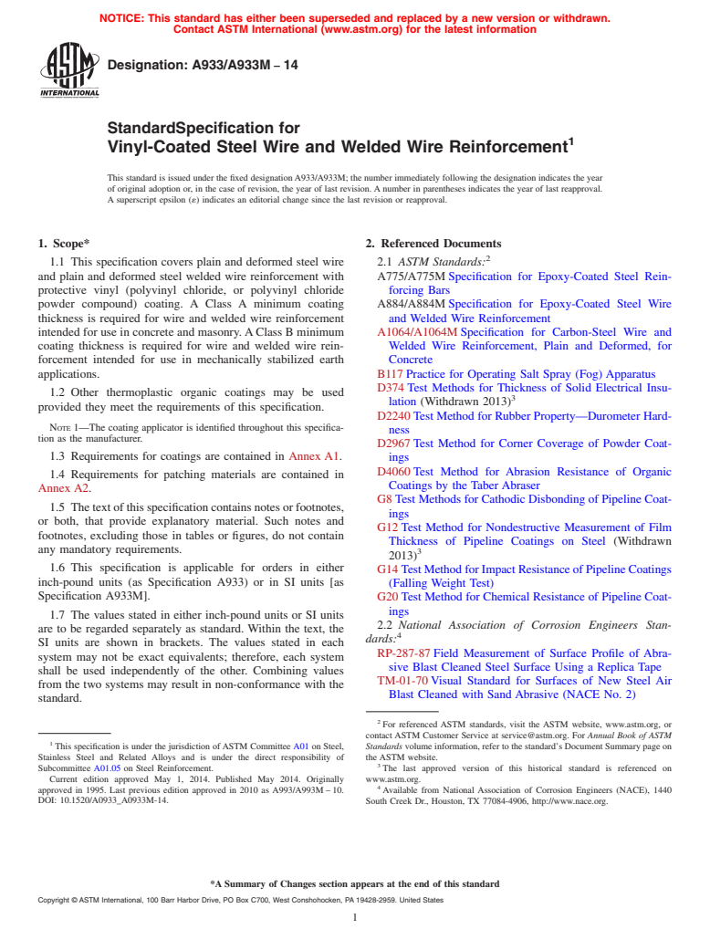 ASTM A933/A933M-14 - Standard Specification for  Vinyl-Coated Steel Wire and Welded Wire Reinforcement (Withdrawn 2016)