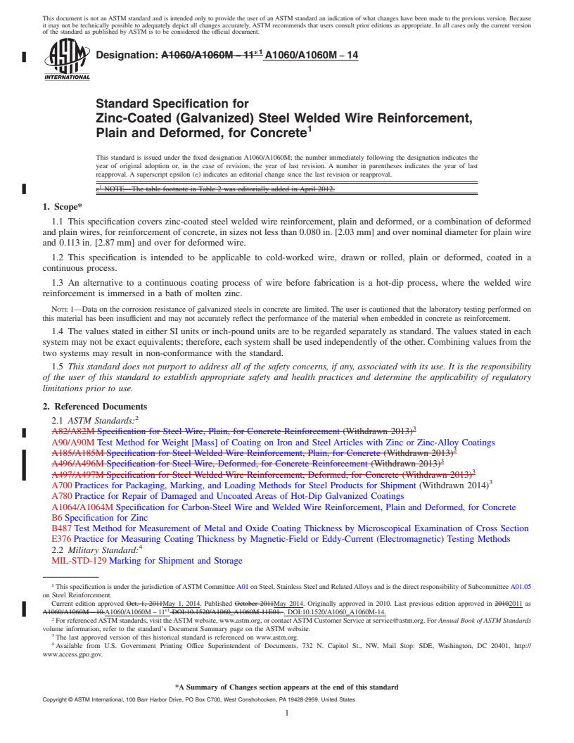 REDLINE ASTM A1060/A1060M-14 - Standard Specification for  Zinc-Coated &#40;Galvanized&#41; Steel Welded Wire Reinforcement, Plain  and Deformed, for Concrete
