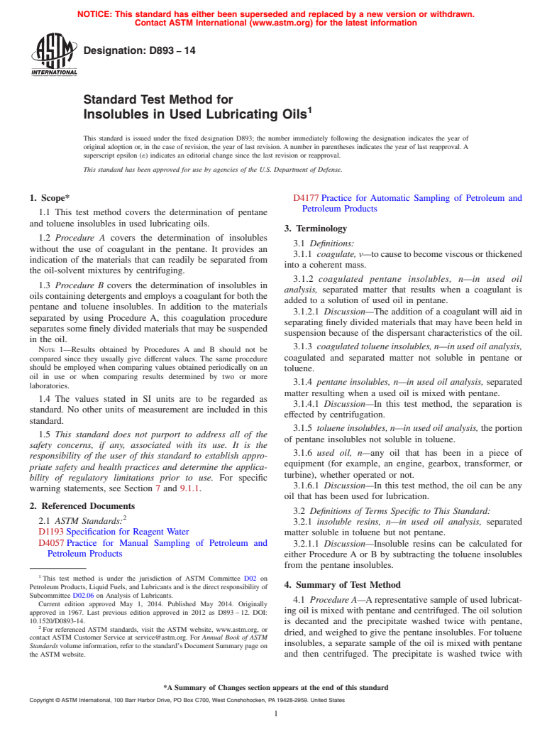 ASTM D893-14 - Standard Test Method for  Insolubles in Used Lubricating Oils