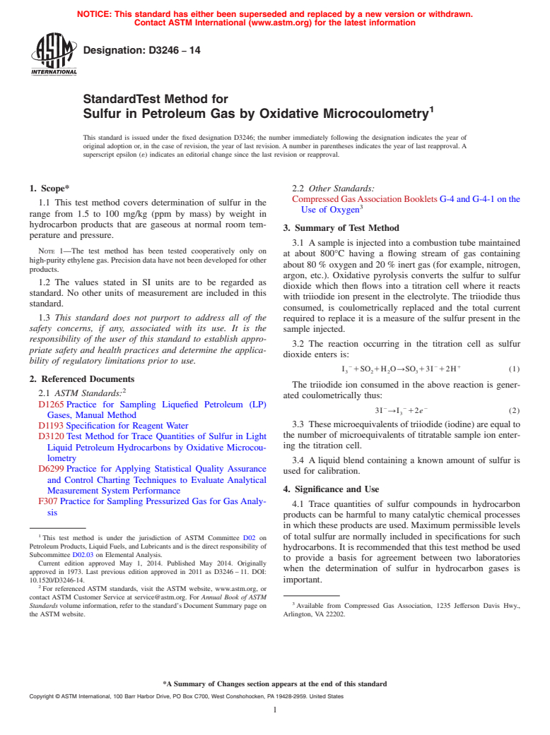 ASTM D3246-14 - Standard Test Method for  Sulfur in Petroleum Gas by Oxidative Microcoulometry