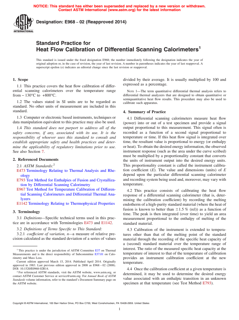 ASTM E968-02(2014) - Standard Practice for  Heat Flow Calibration of Differential Scanning Calorimeters (Withdrawn 2023)