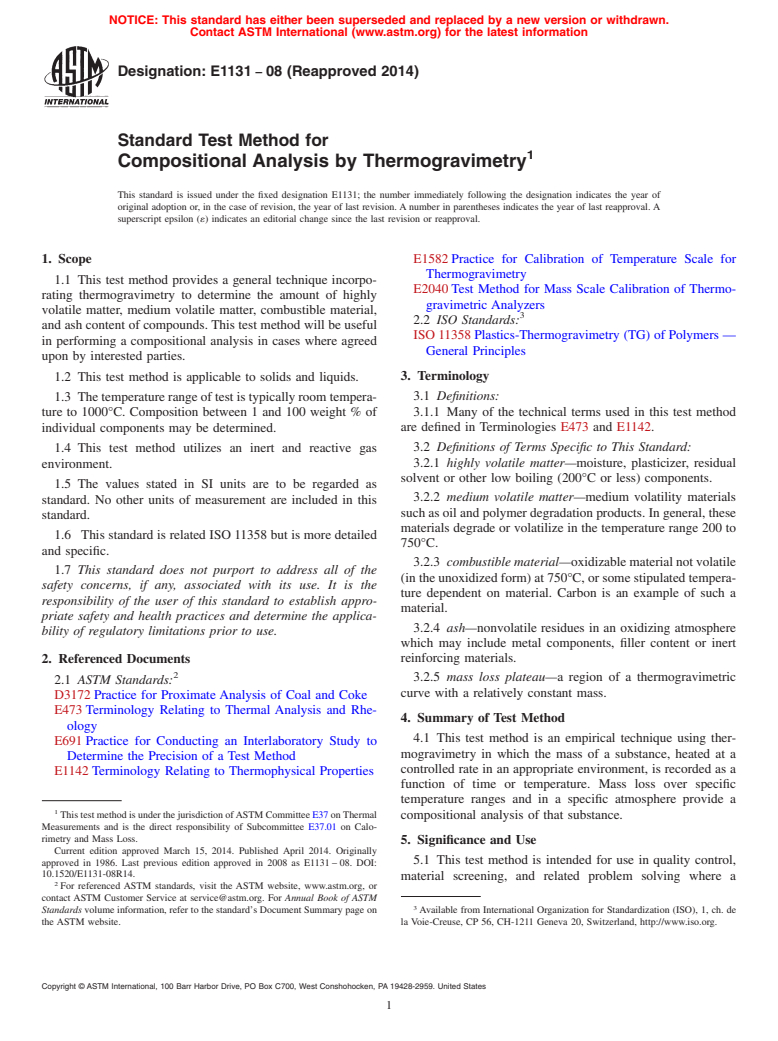 ASTM E1131-08(2014) - Standard Test Method for  Compositional Analysis by Thermogravimetry