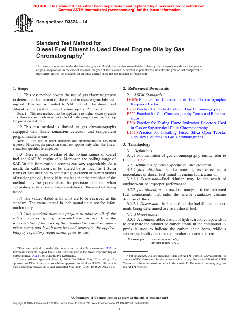 ASTM D3524-14 - Standard Test Method for Diesel Fuel Diluent in Used Diesel Engine Oils by Gas Chromatography