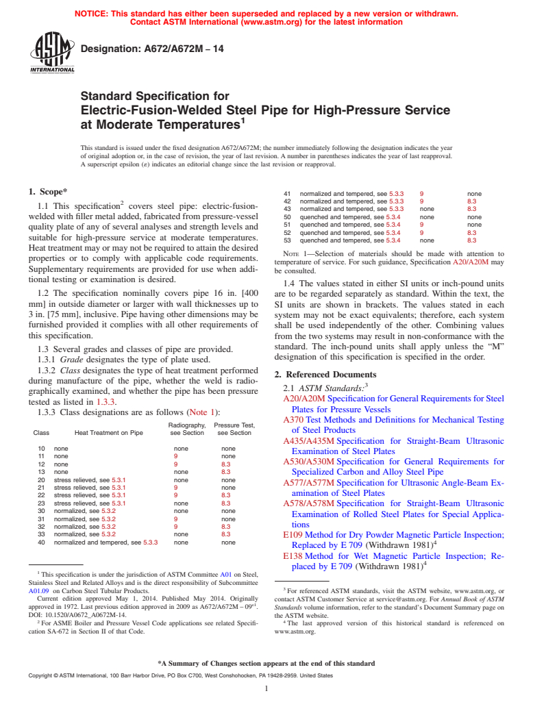 ASTM A672/A672M-14 - Standard Specification for  Electric-Fusion-Welded Steel Pipe for High-Pressure Service   at Moderate Temperatures