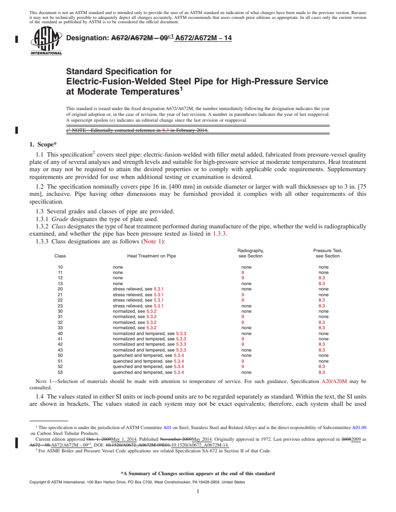 REDLINE ASTM A672/A672M-14 - Standard Specification for  Electric-Fusion-Welded Steel Pipe for High-Pressure Service   at Moderate Temperatures