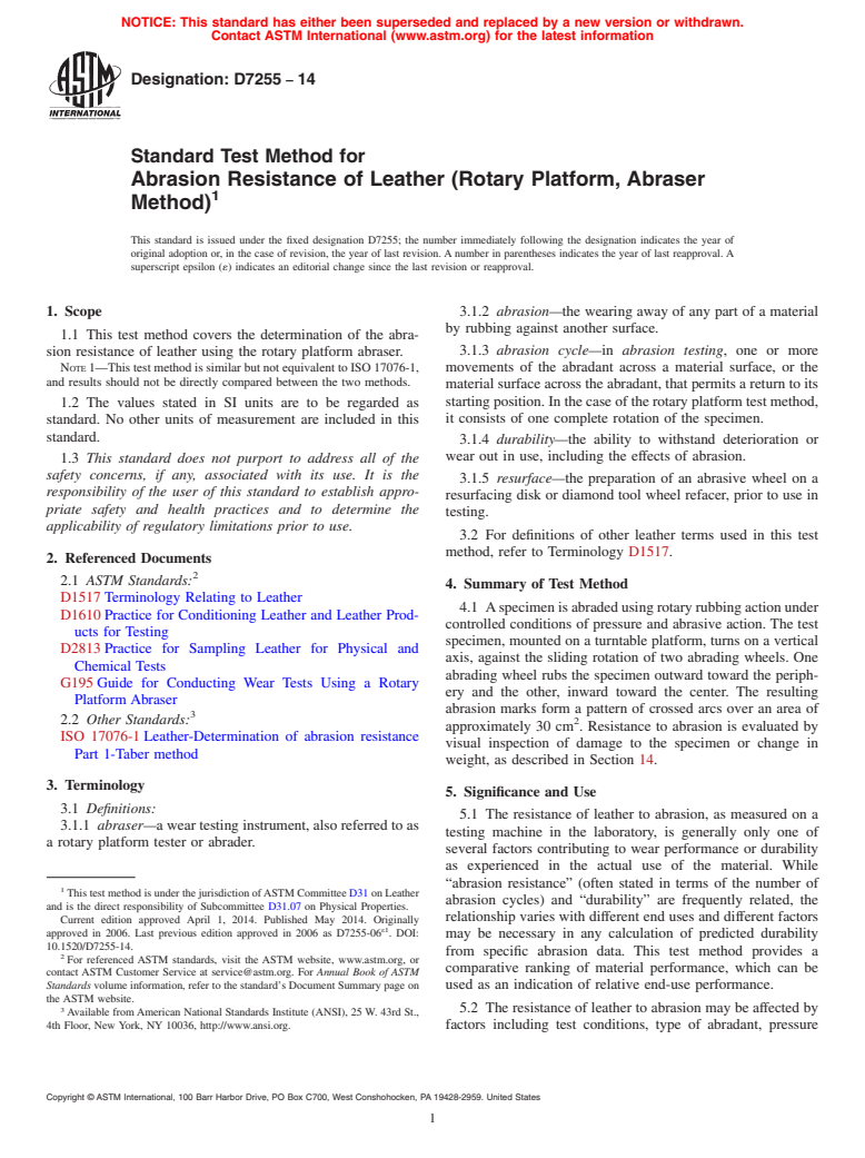 ASTM D7255-14 - Standard Test Method for  Abrasion Resistance of Leather &#40;Rotary Platform, Abraser Method&#41;