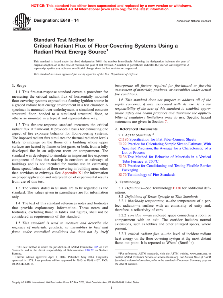 ASTM E648-14 - Standard Test Method for  Critical Radiant Flux of Floor-Covering Systems Using a Radiant  Heat Energy Source
