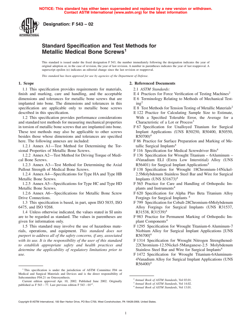 ASTM F543-02 - Standard Specification and Test Methods for Metallic Medical Bone Screws