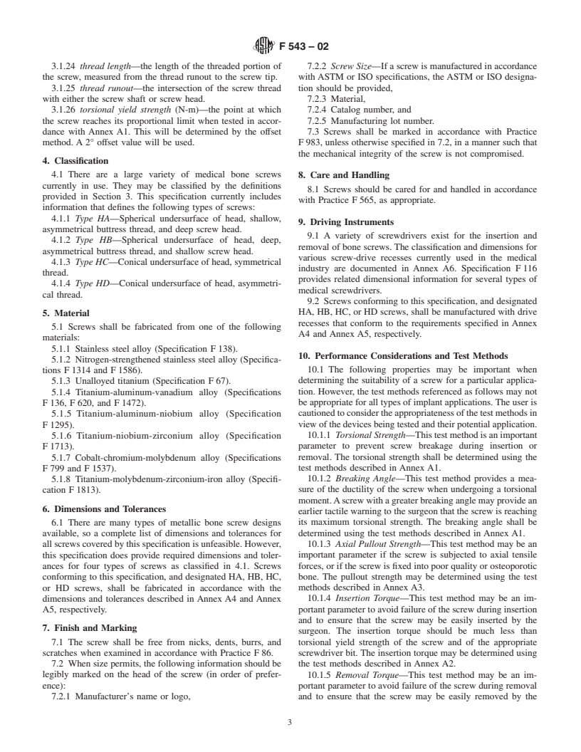 ASTM F543-02 - Standard Specification and Test Methods for Metallic Medical Bone Screws