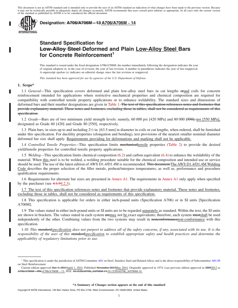 REDLINE ASTM A706/A706M-14 - Standard Specification for  Deformed and Plain Low-Alloy Steel Bars for Concrete Reinforcement