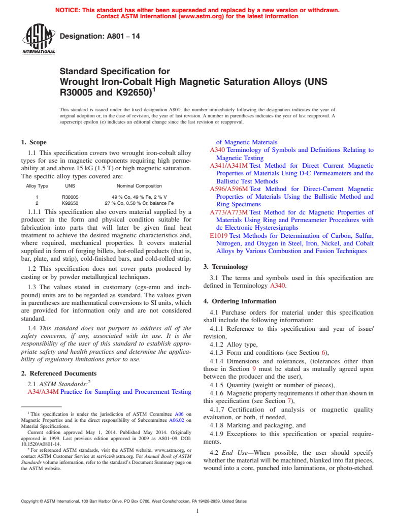 ASTM A801-14 - Standard Specification for  Wrought Iron-Cobalt High Magnetic Saturation Alloys &#40;UNS R30005   and K92650&#41;