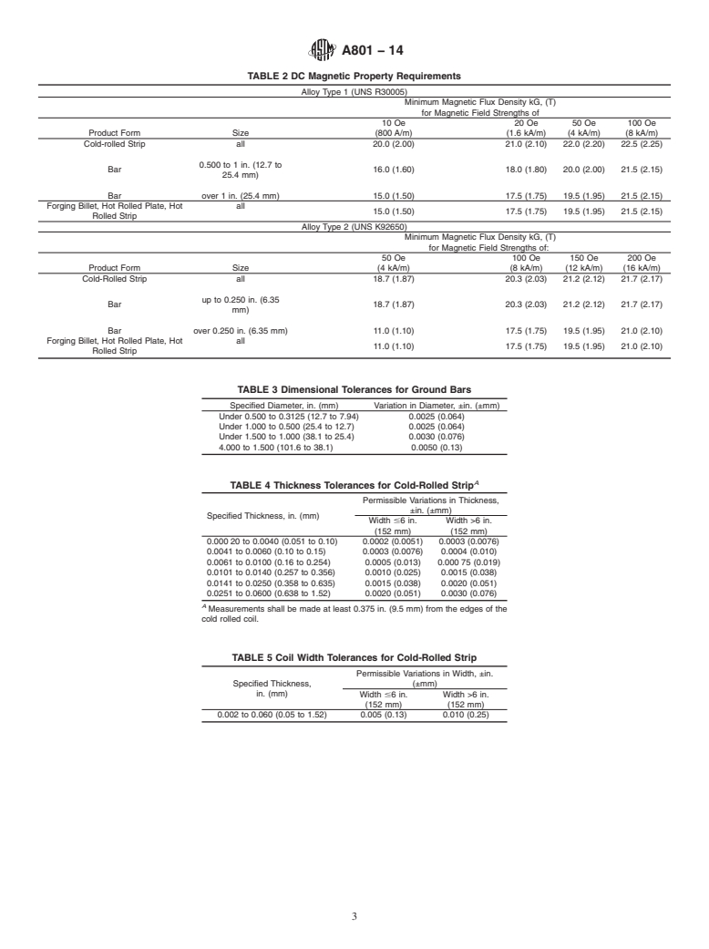 ASTM A801-14 - Standard Specification for  Wrought Iron-Cobalt High Magnetic Saturation Alloys &#40;UNS R30005   and K92650&#41;