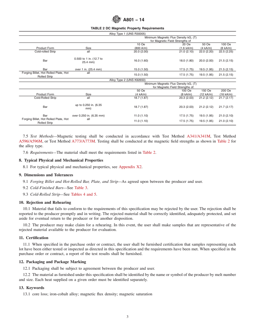 REDLINE ASTM A801-14 - Standard Specification for  Wrought Iron-Cobalt High Magnetic Saturation Alloys &#40;UNS R30005   and K92650&#41;