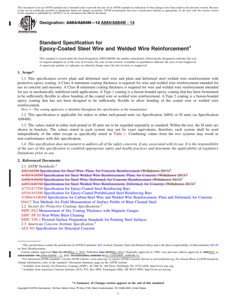 REDLINE ASTM A884/A884M-14 - Standard Specification for  Epoxy-Coated Steel Wire and Welded Wire Reinforcement