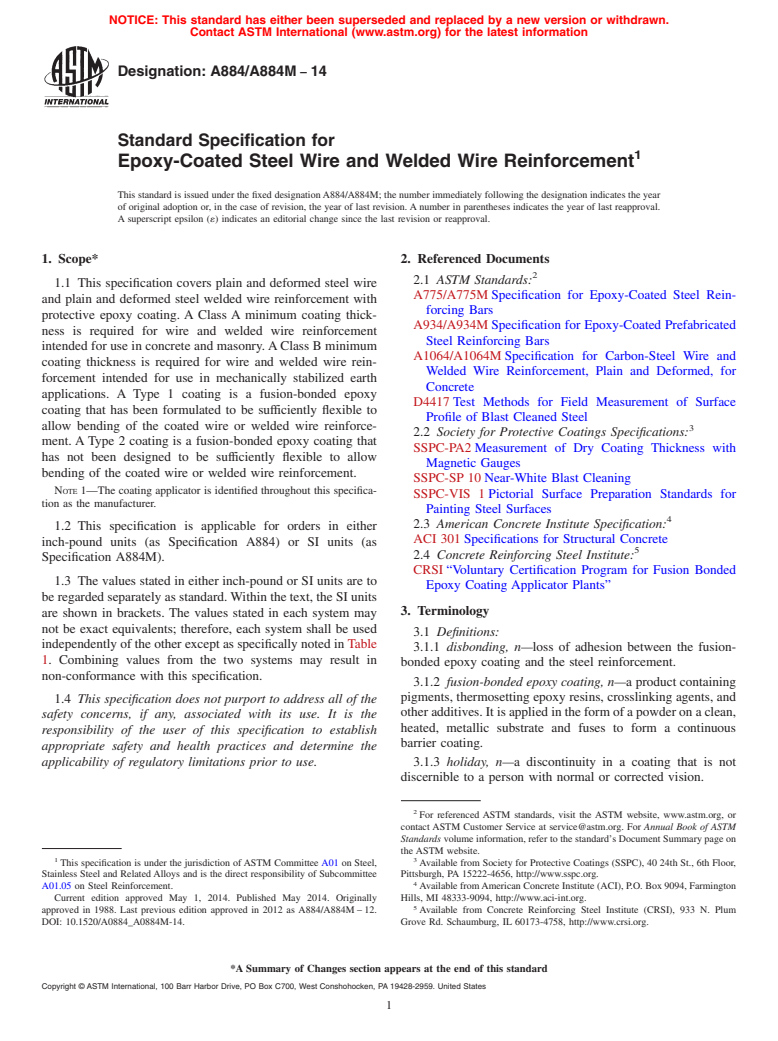 ASTM A884/A884M-14 - Standard Specification for  Epoxy-Coated Steel Wire and Welded Wire Reinforcement