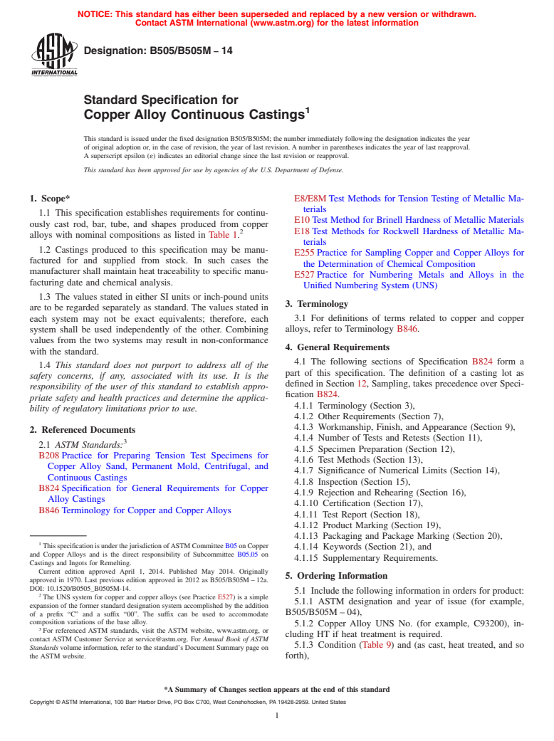 ASTM B505/B505M-14 - Standard Specification for Copper Alloy Continuous Castings