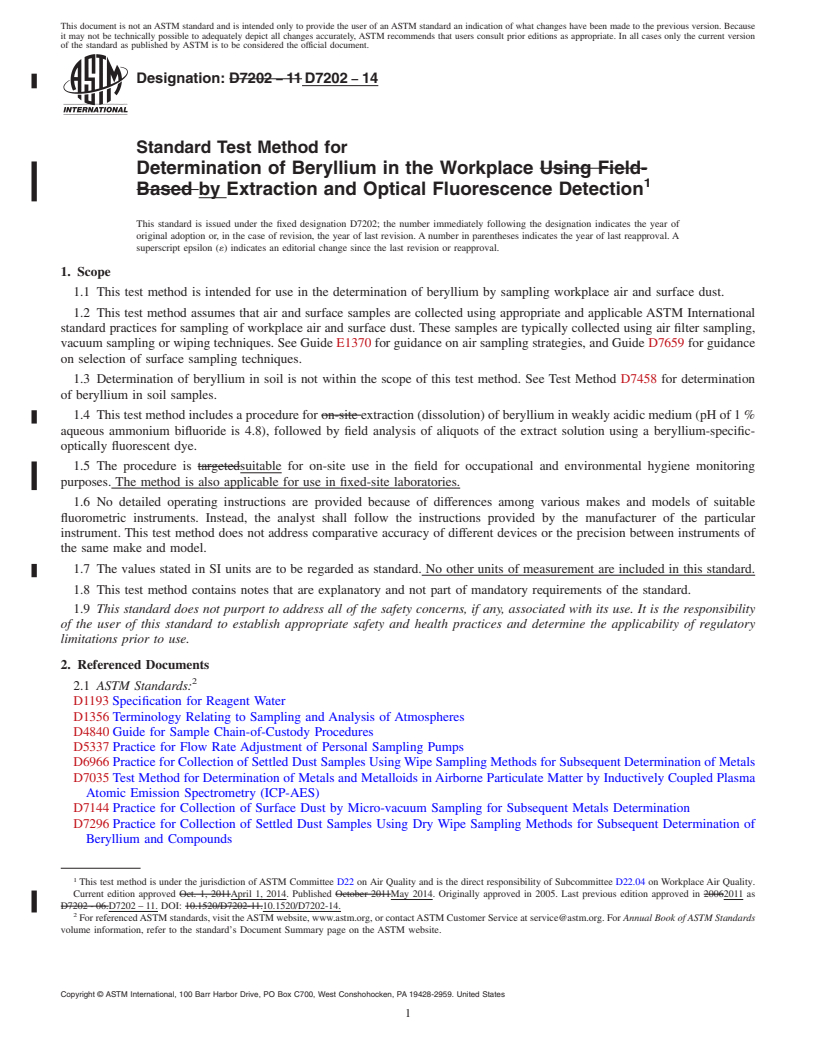 REDLINE ASTM D7202-14 - Standard Test Method for  Determination of Beryllium in the Workplace by Extraction and  Optical Fluorescence Detection