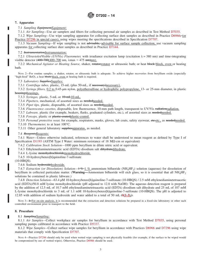 REDLINE ASTM D7202-14 - Standard Test Method for  Determination of Beryllium in the Workplace by Extraction and  Optical Fluorescence Detection