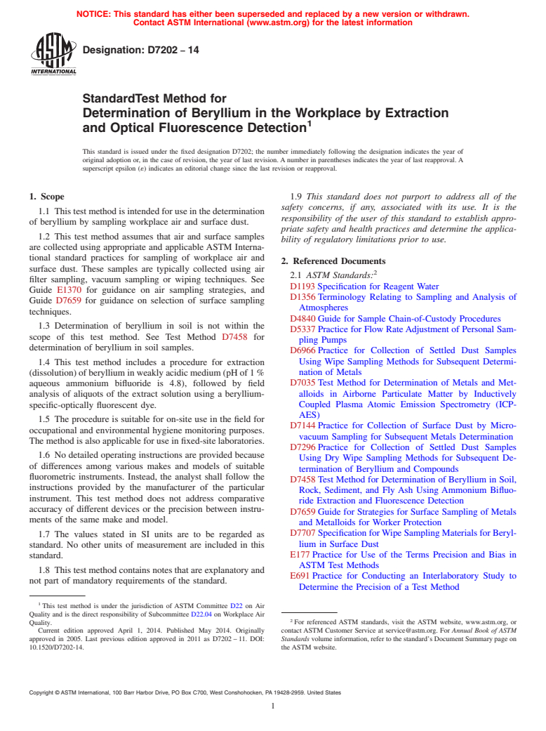 ASTM D7202-14 - Standard Test Method for  Determination of Beryllium in the Workplace by Extraction and  Optical Fluorescence Detection