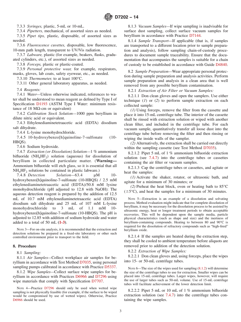 ASTM D7202-14 - Standard Test Method for  Determination of Beryllium in the Workplace by Extraction and  Optical Fluorescence Detection