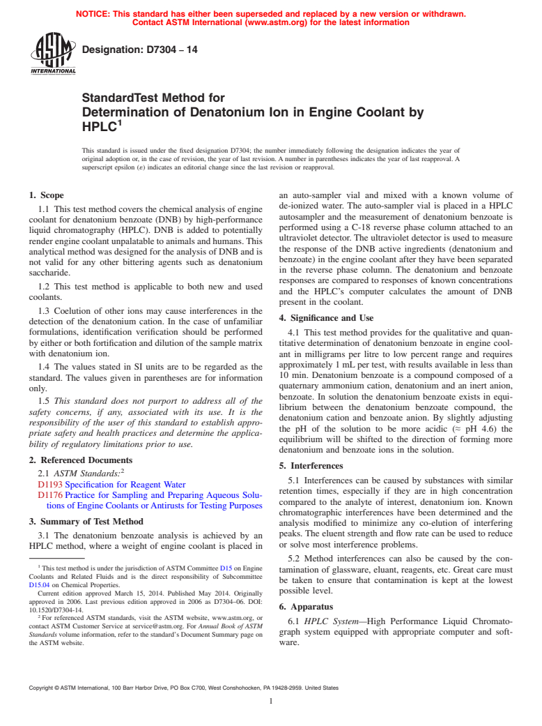 ASTM D7304-14 - Standard Test Method for Determination of Denatonium Ion in Engine Coolant by HPLC