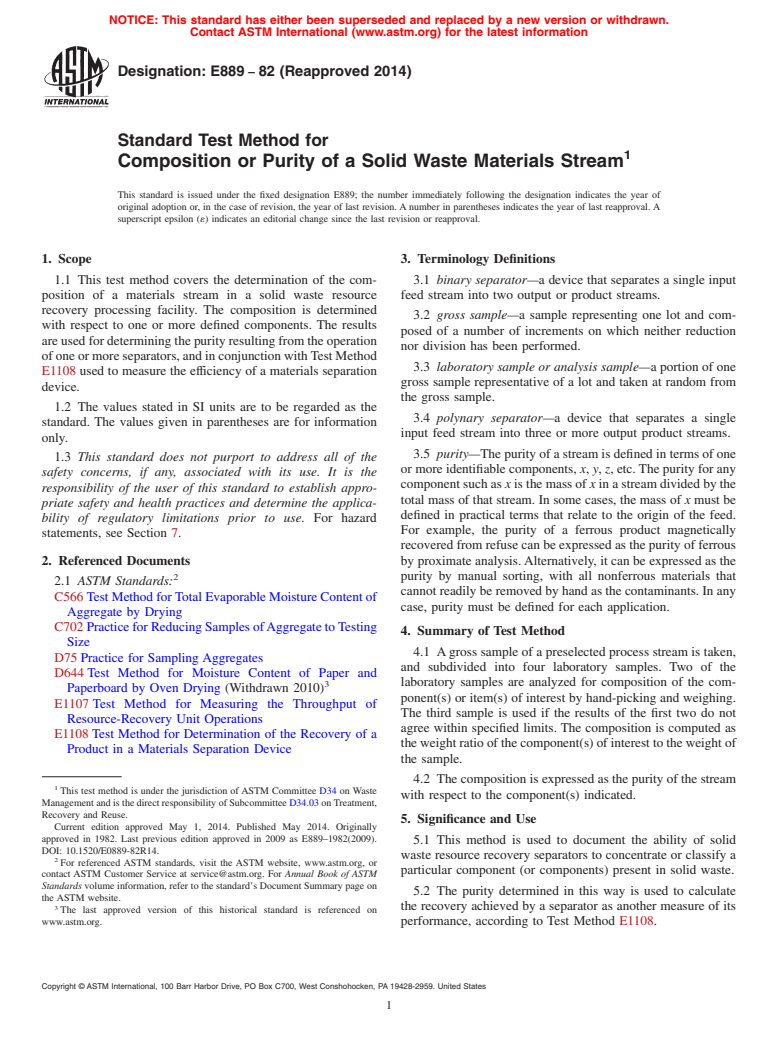 ASTM E889-82(2014) - Standard Test Method for  Composition or Purity of a Solid Waste Materials Stream