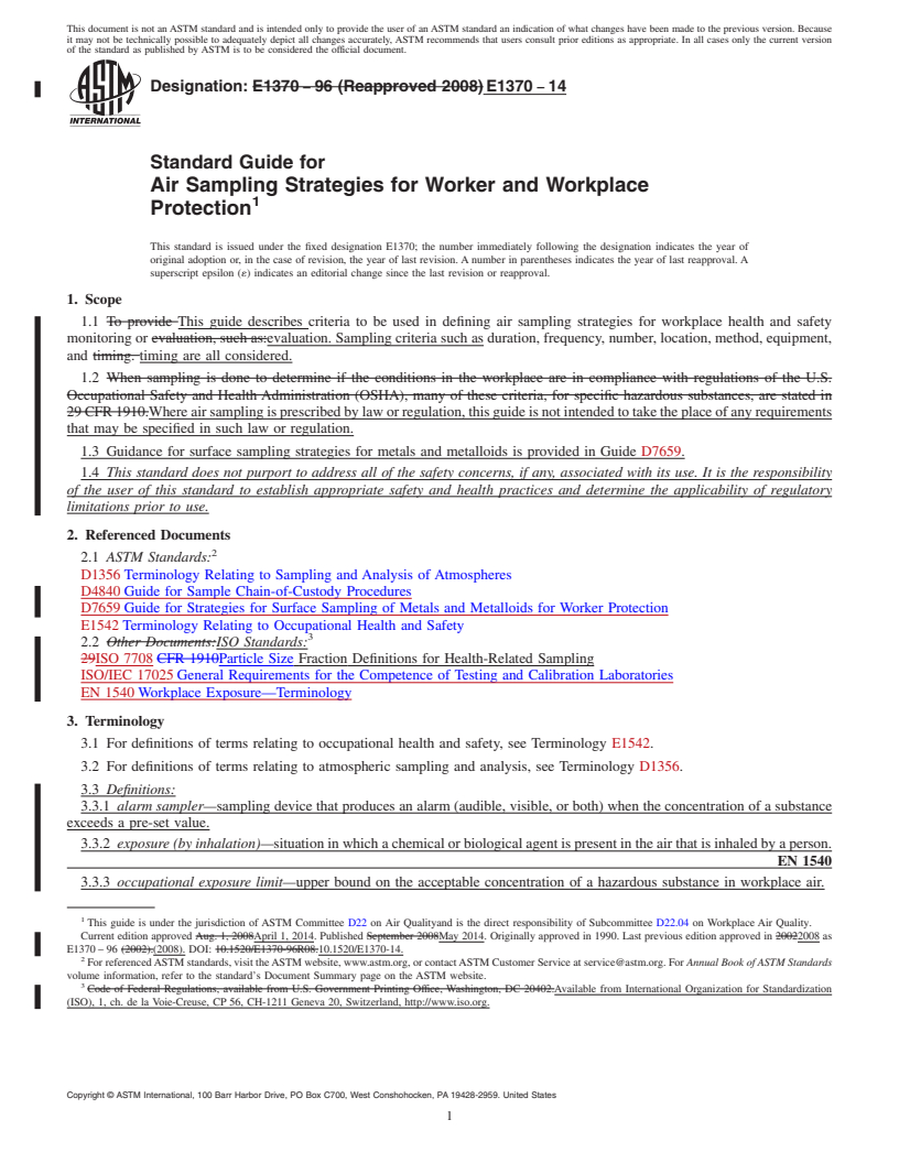 REDLINE ASTM E1370-14 - Standard Guide for  Air Sampling Strategies for Worker and Workplace Protection