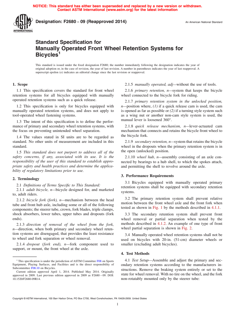 ASTM F2680-09(2014) - Standard Specification for  Manually Operated Front Wheel Retention Systems for Bicycles